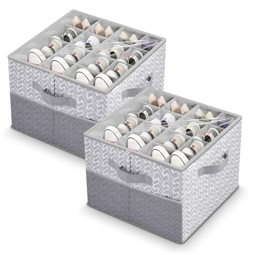 ALCOVA 2-Pack Shoe Organizer for Closet, Holds 32 Pairs, Clear Cover - Gray | 2 Pack holds 32 pairs. Clear dust-proof cover, tear-resistant Oxford fabric, 4 reinforced handles. Folds flat. 17x17x12.5