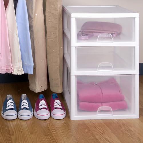 Sterilite 6-Pack 16 Quart Stacking Drawer, Clear Storage Closet Organizer, White Frame - Stackable Modular Plastic Drawers for Clothes, Accessories, Craft Supplies, Shoes or Linens