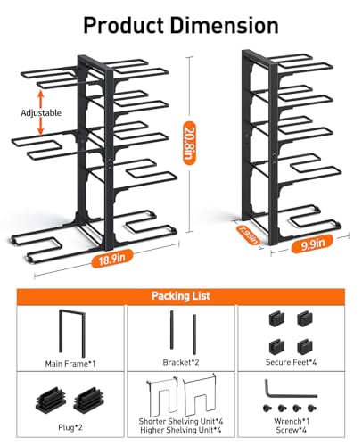 Pots and Pans Organizer Under Cabinet 20.8", 8-Tier Adjustable Black | 2 DIY Modes, Tool-Free Assembly, Max 120 Lbs, Fits Large Stockpots, Cast Iron Pans & Heavy Cookware, For Kitchen Cabinets