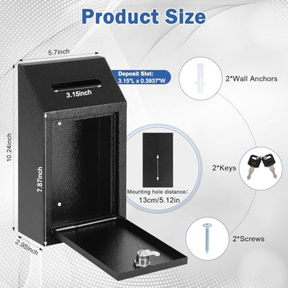 KYODOLED Wall Mount Money Drop Box with Lock & Slot, Metal Cash Box for Farm Stand, Porch Pickup, Office & Donations, 10.24x5.7x2.95 Inch, Black