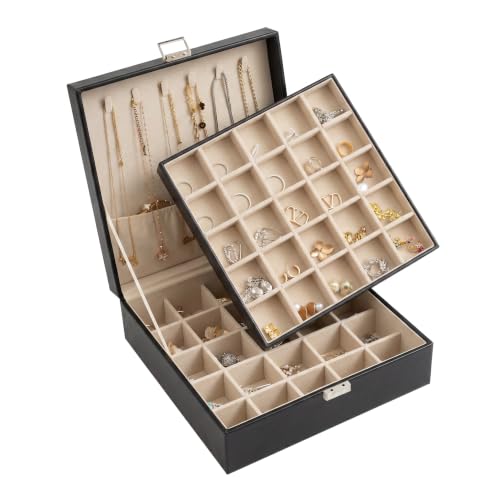 50 Grid Earring Holder Organizer,2 Layer Jewelry Box for Women | Faux Leather,Velvet Lining,Adjustable Divider,Jewelry Organizer for Ring Necklace and Bracelet,for Home Use and Jewelry Store