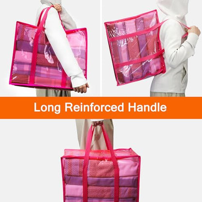 Pink 40L Clear Clothes Storage Bag with Zipper 3 Pack | Colorful Clothes Organizer, Vinyl Storage Bag for Comforter, Blanket, Bedding, Duvet, Transparent Moving Totes