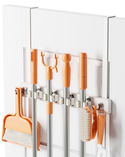 Mop and Broom Holder Wall Mount, No Drill Over the Door, White | 4 Slots & 4 Hooks, No Drill Setup, Wood and Metal Build, EVA Protection Pads, Secure Grip, Laundry Garage Closet Kitchen Use