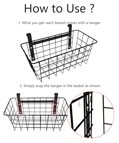 Basket with Hook, Grid Storage Basket, Over the Cabinet Door Organizer, Wire Hanging Basket with Hook Over the Railing, Under Sink Kitchen Cabinet, Pantry, Bathroom, Black, 2 Pack