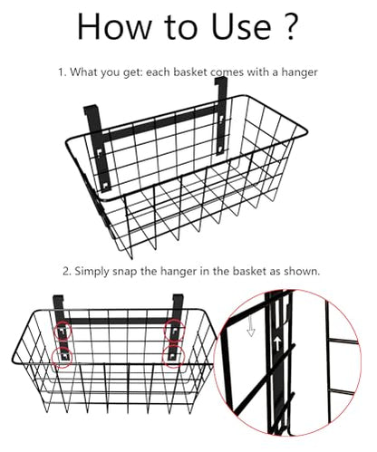 Basket with Hook, Grid Storage Basket, Over the Cabinet Door Organizer, Wire Hanging Basket with Hook Over the Railing, Under Sink Kitchen Cabinet, Pantry, Bathroom, Black, 2 Pack