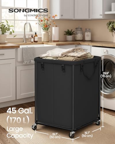 SONGMICS Laundry Basket with Wheels, Rolling Laundry Hamper with Steel Frame, Removable Liner Bag,45 Gallon (170 L), Ink Black URLS031BH01
