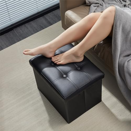 AmasSmile Ottoman with Storage, 17" Folding Leather Foot Rest Stool,Black | Storage Ottoman Foot Rest Stool, Thickened Foam Cushion,Living Room, Bedroom, Dorm, Load 300 lbs, Easy to install,17x13x13in