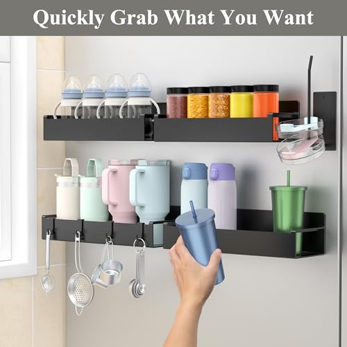 Magnetic Water Bottle Holder for Fridge Black, 4 Pack | Tumbler Organizer with Hooks, Cup Holder Organizer Storage, Refrigerator Shelf for Stanley, Owala