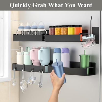 Magnetic Water Bottle Holder for Fridge Black, 4 Pack | Tumbler Organizer with Hooks, Cup Holder Organizer Storage, Refrigerator Shelf for Stanley, Owala