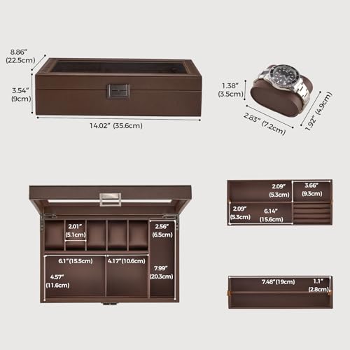 ProCase Men's Jewelry Box, 5-Slot Watch Display Case Jewellry Storage Organizer for Sunglasses Rings Accessories with Hidden Compartment, Watch Holder with Glass Lid, Fathers Day Gift -Espresso