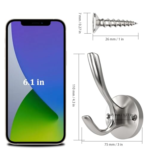 Towel Hooks for Bathrooms Silver Wall Hooks 2 Pack Brushed Nickel Coat Hooks Heavy Duty Towel Wall Hooks for Coats Robes Hats Bath Entryway Cubicle Kitchen Screw in Brushed Nickel Towel Hooks