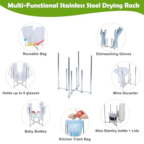 Plastic Bag Drying Holder, Bottle Drying Rack, Multifunctional Kitchen Grocery Bag Stand, Collapsible Cup Draining Rack for Wine Decanter, Mugs, Mason Jars, Water Bottle (10.63 Inches Height)