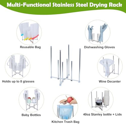 Plastic Bag Drying Holder, Bottle Drying Rack, Multifunctional Kitchen Grocery Bag Stand, Collapsible Cup Draining Rack for Wine Decanter, Mugs, Mason Jars, Water Bottle (10.63 Inches Height)