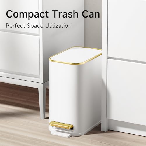 TIPGO Small Bathroom Trash Can with Lid Soft Close, Step Pedal, 5 Liter / 1.3 Gallon Stainless Steel Trash Bin, Slim Garbage Cans for Toilet, Office, Bedroom (White)