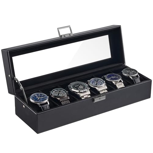 ProCase 6 Slots Watch Case Box for Men -AllBlack | PU Leather Man Watch Organizer, Soft Pillow, Lockable Glass Display Lid, Storage Holder for Watch Collection