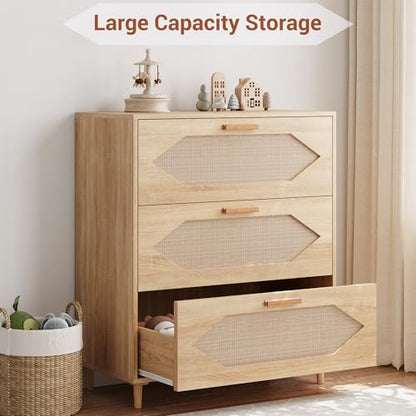 GAOMON 3 Drawer Dresser for Bedroom, 31.5 Inch Wide Rattan Modern Closet Dressers Chest of Drawers, Wood Oak Storage Chest for Kids Bedroom, Hallway, Living Room, Hallway, Natural