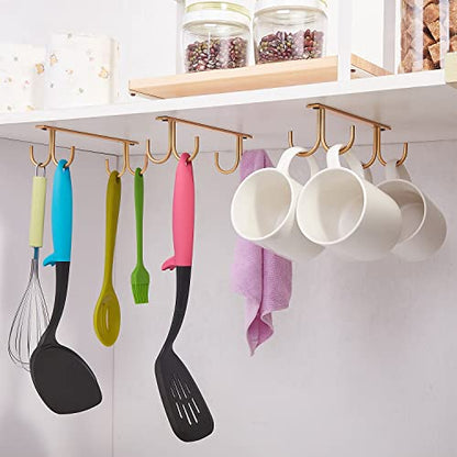 FOMANSH Mug Rack Under Cabinet - Coffee Cup Holder, 12 Mugs Hooks Under Shelf, Display Hanging Cups Drying Hook for Bar Kitchen Utensils Gold