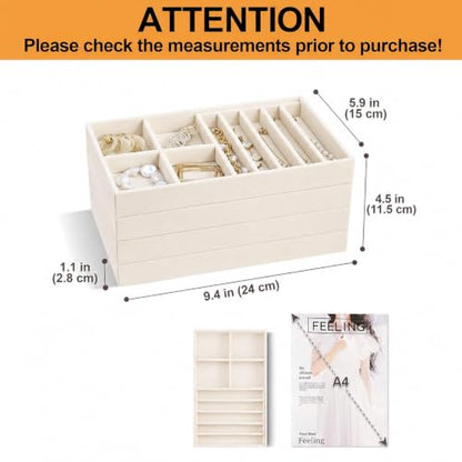 ProCase Stackable Jewelry Organizer Trays for Drawers, Jewelry Drawer Inserts Container Display Case Storage for Earring Necklace Rings Bracelet with Removable Dividers -Beige, 4 Layers