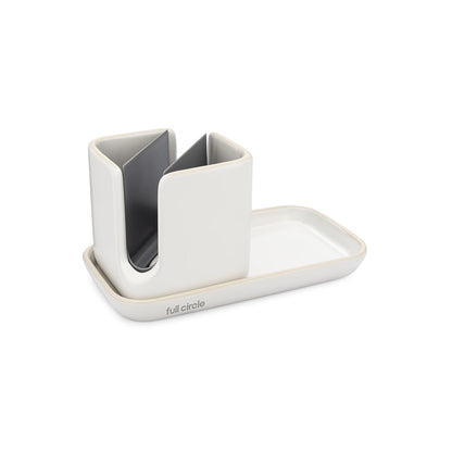 Full Circle Sinkside Ceramic Cleaning Station - Kitchen Sink Caddy & Sponge Holder, Countertop Organizer for Dish Brushes & Scrubbers - Dishwasher Safe, Rustproof, Compact Design, White