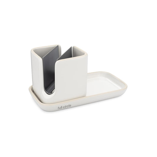 Full Circle Sinkside Ceramic Cleaning Station - Kitchen Sink Caddy & Sponge Holder, Countertop Organizer for Dish Brushes & Scrubbers - Dishwasher Safe, Rustproof, Compact Design, White