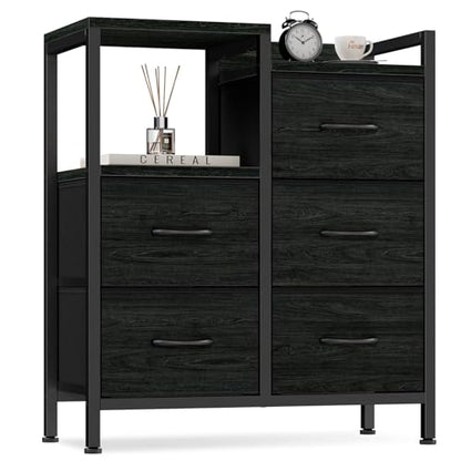 Black Dresser for Bedroom, 5 Drawer Small Fabric Closet Dresser | Small Chest of Drawers, Storage Cabinet Organizer with 2 Tier Shelf, Drawer Units with Metal Frame, Dresser for Dorm, Hallway