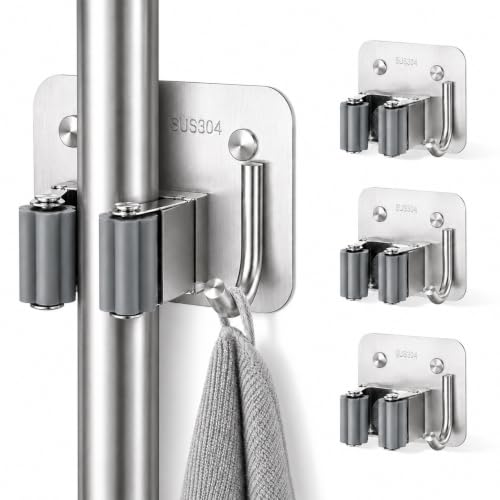 Broom Holder Wall Mount 4 Pack, Heavy Duty Mop and... (Silver | Stainless Steel)