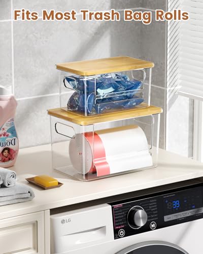Trash Bag Dispenser 2 Pack (XL+S) - Trash Bag Holder with Bamboo Top | Acrylic Garbage Bags Dispenser Under Sink Organizer for Pantry, Kitchen, Laundry Room, Cabinet 2 Pack (XL+S)