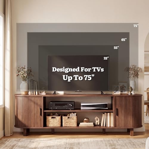 Mid Century Modern TV Stand, 70 inch Entertainment... (Walnut | Engineered Wood)