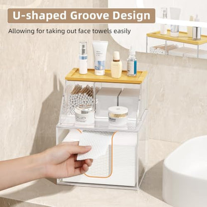 Acrylic Disposable Face Towel Holder, Clean Container for Skin Club, Clear | Bathroom Facial Towels Box for XL Clean Skin Club, Face Towels Wipes Cotton Pads Q-tip Holder for Bathroom, Bamoo Lid