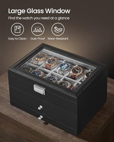 SONGMICS Watch Box, 20-Slot Watch Case Organizer, Black | Large Glass Lid, Removable Pillows, Metal Lock, Gift for Loved Ones, Grey Lining UJWB036B101