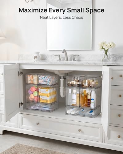 Vtopmart Stackable Storage Drawers Set of 5, Clear Plastic Organizer Bins for Baby Bottle, Beauty Supplies Storage, Ideal for Kichen Countertop, Vanity, Bathroom, Cabinet, Pantry Organization