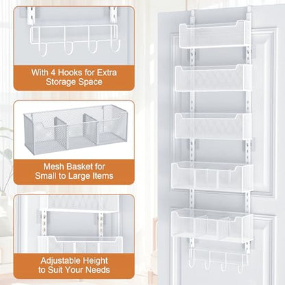 VyGrow Over The Door Organizer, Metal Door Organizer Hanging with 5 Adjustable Baskets and Coat Hook, Behind The Door Storage for Bedroom Closet Bathroom Pantry Cabinet Kitchen, White