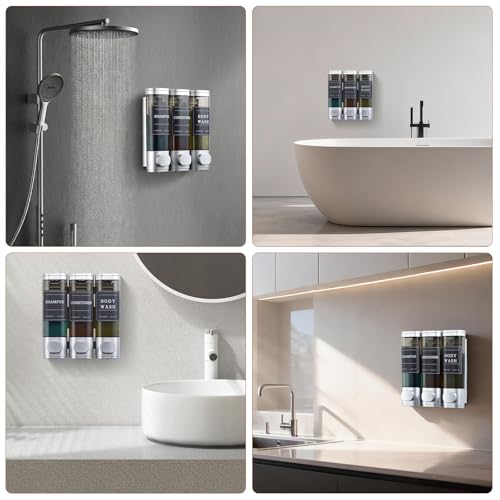 Shampoo and Conditioner Dispenser,Shower Soap Dispenser 3 Chamber No Drill Wall-Mounted for Bathroom & Hotel Leak-Proof Pumps, for Thick Liquids Like Conditioner - 1050ML High Capacity, Silver