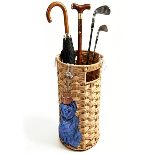 Rattan Umbrella Stand with Drip Tray - Hand Woven Entryway Umbrella Holder | Freestanding Small Rattan Rack Organizer with 4 Hooks for Folding Umbrellas & Canes, 7.5"L x 7.5"W x 16.5"H