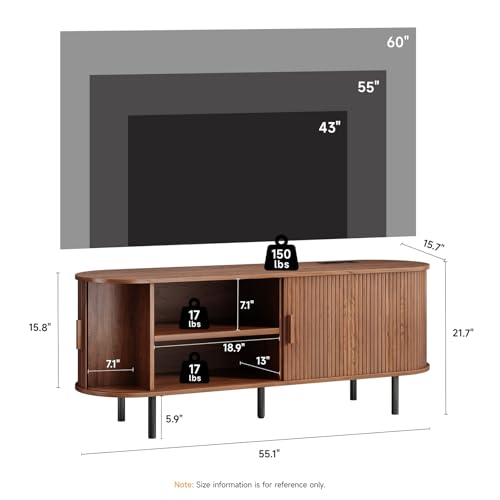 55" TV Stand with Power Outlet, Mid-Century Modern Television Stand, Fluted Media Console with Sliding Doors, Entertainment Center for TVs up to 60 Inch, Adjustable Shelves, Walnut