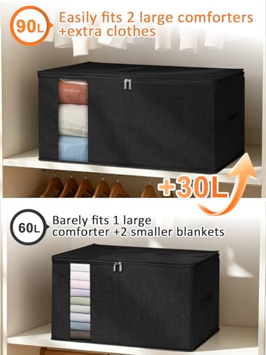 punemi 90L Structured King Size Comforter Storage Bags, 2 Pack, Black | Clear Window & Reinforced Handles, Comforter & Bedding Organizer, for Quilts, Duvets, Pillows & Seasonal Clothes