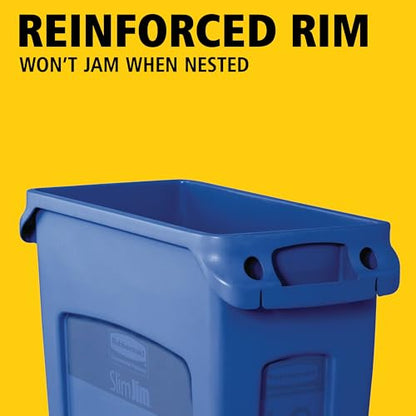 Rubbermaid Commercial Products Slim Jim Plastic Rectangular Recycling Bin/Trash Can with Venting Channels 23 Gal Blue for Kitchens/Classrooms/Offices/Back of House