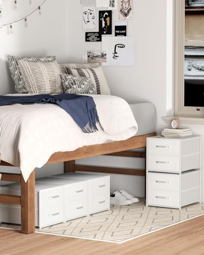 Stackable Storage Drawers - 2 Tier Closet Organizer with Metal Handles and Metal Frame, Fabric Dresser with Collapsible Bins for Bedroom, Dorm, Office, White, 2 Pack