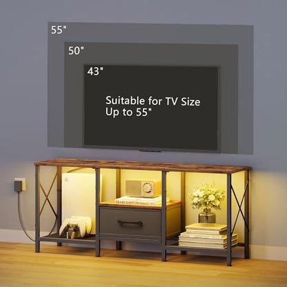 JARHETUN LED TV Stand with Fabric Drawer, Entertainment Center for 50 55 Inch TV, Industrial TV Console Table with Open Storage Shelves for Living Room, Bedroom, Rustic Brown
