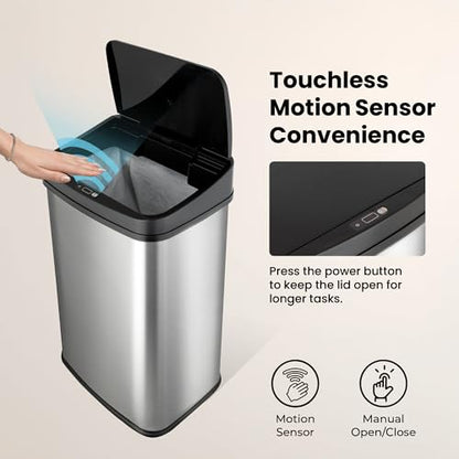 Ninestars 13 Gallon Automatic Trash Can, 50L Touchless Motion Sensor Garbage Can with Odor-Sealing Lid, Rectangular Stainless Steel, Black Trim