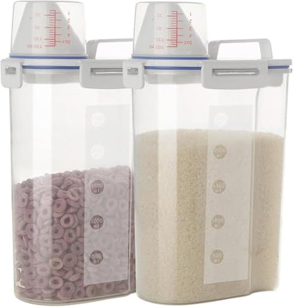2 Pcs 5.5 LB Rice Storage Container, Airtight Cereal Flour Dispenser with Pouring Spout & Measuring Cup, Kitchen Plastic Clear Dry Food Storage Bin for Grain Oatmeal Snacks Pet Dog Food