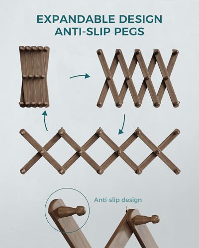 OROPY Accordion Wall Hanger with 14 Pegs, Expandable Wooden Coat & Hat Rack | Walnut Color, Hat Display Rack, X Shape Rack for Coat, Hats, Bags, Baseball Caps, Coffee Mug, Jewelry