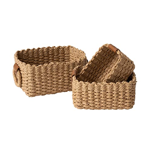 LA JOLIE MUSE Small Wicker Baskets for Organizing, Desert 3 Pack | Decorative Organizer with Vegan Leather Tag, Round Handle, Storage Baskets for Shelves, Bedroom, Kitchen, Office and Home