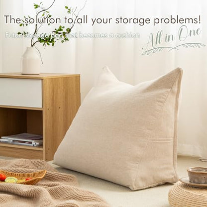 Triangular Comforter Storage Bag/Wedge Pillow Cover Linen Like - Multi-Use Pillow, Cushion & Bedding Insert Cover - Stuff with Clothes, Blankets for Extra Storage (26.7x20.5x10.2 In, Beige)