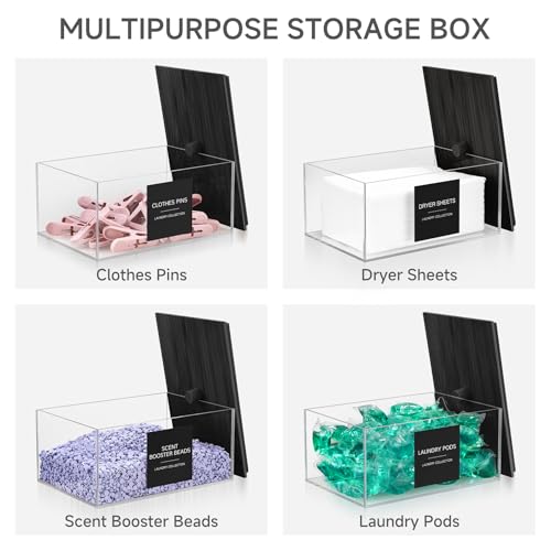 Acrylic Dryer Sheet Holder with Lid, Clear Laundry Sheets Container with 27 Labels, Laundry Pods Storage for Laundry Room Organization - Black
