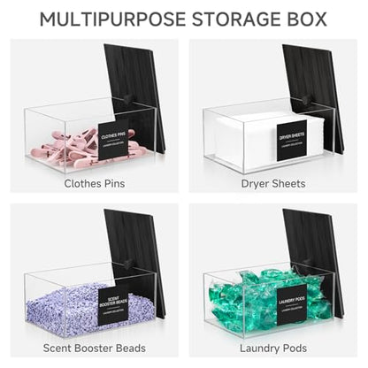 Acrylic Dryer Sheet Holder with Lid, Clear Laundry Sheets Container with 27 Labels, Laundry Pods Storage for Laundry Room Organization - Black