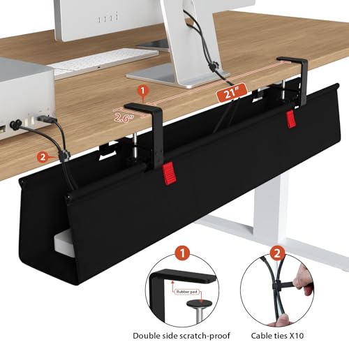 Univivi No Drill Under Desk Cable Management Tray, 36 inch Cable Management | Clamp/Screw Mount Desk Cable Management, Premium Fabric Cable Management Tray, Large Capacity Cord Organizer for Office, Home