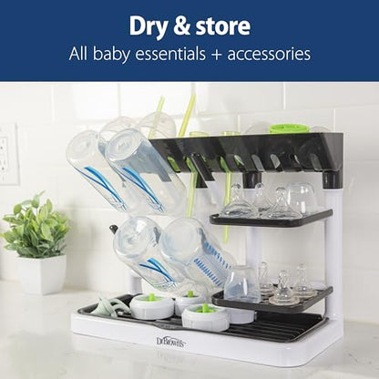 Dr. Brown's Drying Tower, Stand-Up Drying Rack, Countertop Baby Bottle Drying with Organized Storage for Baby Essentials, Space Saving Vertical Rack, Black/White