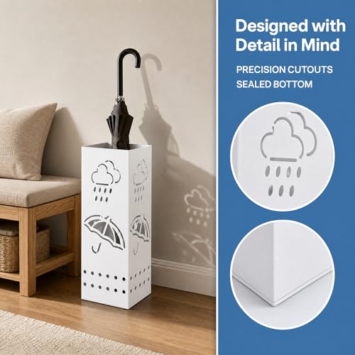 BEWBBAT Metal Umbrella Stand for Entryway, 6 x 6 x 17 Inch White Square Umbrella Organizer Bin, Free Standing Umbrella Holder,Walking Sticks, Home Office Decor