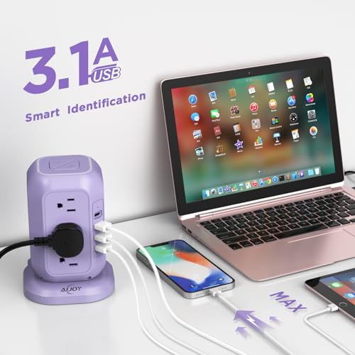 USB C Power Strip Tower with 12 AC Outlet and 4 USB Ports Purple | 10 FT Extension Cord, 1200J Surge Protector, USB Charging Station Office Supplies, Dorm Essentials, Woman